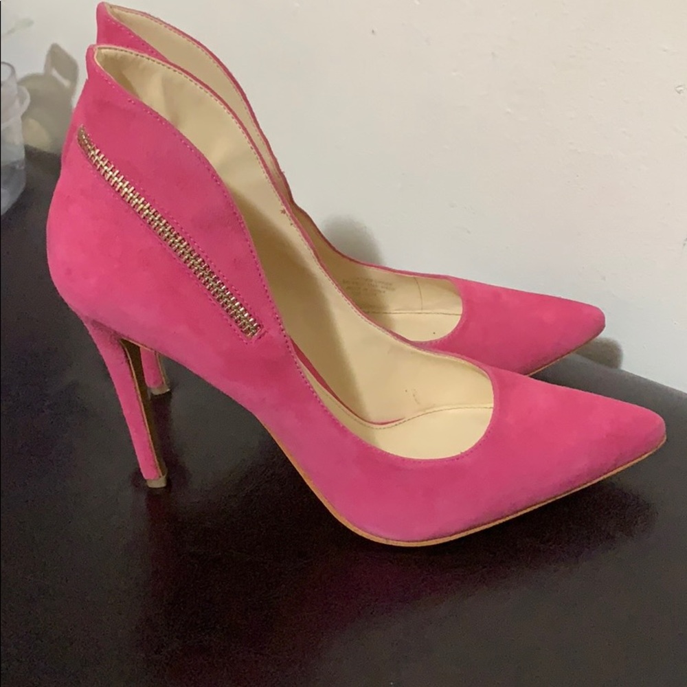 Pink suede pumps